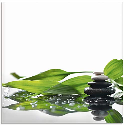 ARTland Wanddeko Glasbilder Wandbild Glas Bild einteilig Quadratisch Asien Wellness Zen Steine Spa Blätter Reflektion Entspannung S7LT