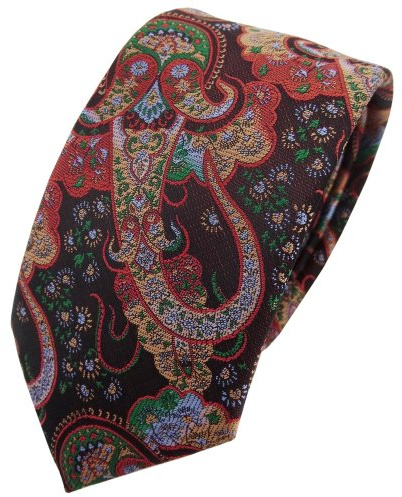 TigerTie - schmale Designer Krawatte in orange braun grün blau Paisley gemustert
