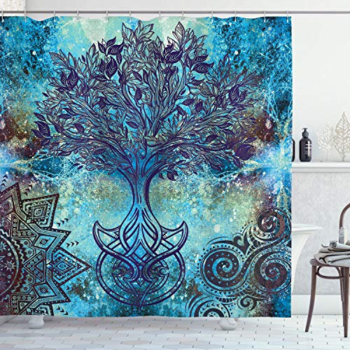 ABAKUHAUS Ethnisch Duschvorhang, Mandala-Bäume, Stoffliches Gewebe Badezimmerdekorationsset mit Haken, 175 x 240 cm, Türkis Brown