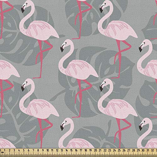 ABAKUHAUS Flamingo Gewebe als Meterware, Exotische Blätter und Tier, Schön Gewebten Stoff für Polster und Wohnaccessoires, 1M (148x100cm), Korallenrot Hell Grau Puder Rosa