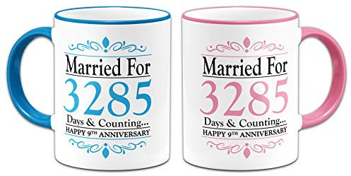 Pair of Married for.Days & Counting. Anniversary (9th Pottery) Novelty Gift Mugs - Blue & Pink