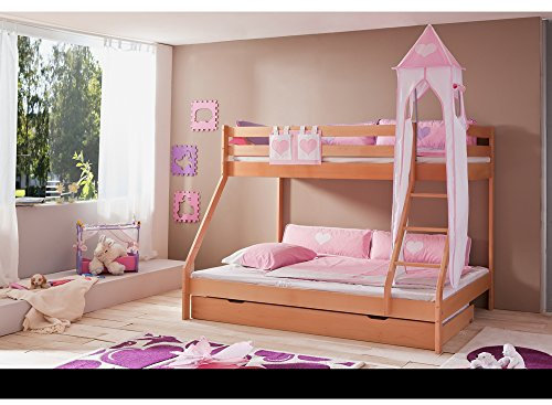 Relita Etagenbett Mike inkl. Bettschubladen und 2 TLG. Textils.rosa/weiß,Buche massiv Natur lackiert