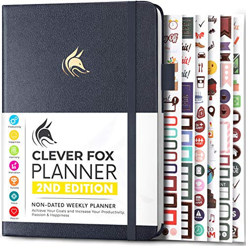 Clever Fox Planner 2. Auflage - Farbenfroher Planer für Wöchentliche und Monatliche Ziele, Zeitmanagement und Produktivität, Dankbarkeits-Tagebuch, Undatiert, A5, Reicht für 1 Jahr - Silber Schwarz