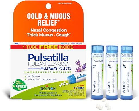 Boiron Pulsatilla 30C Homeopathic Medicine for Relief from Cold, Nasal Congestion, Thick Mucus, and Cough - 3 Count (240 Pellets)
