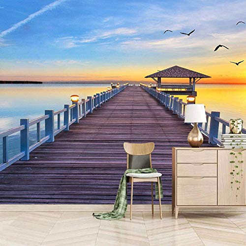 Wall Mural Wallpaper Bedroom Wooden Pavilion On The Sea Wooden Bridge 137.8x100.8 inch Non-Woven Premium Art Print Wall Mural Decoration Poster Picture Design Modern Nature