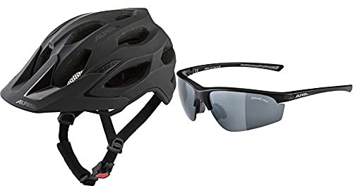 ALPINA Unisex - Erwachsene, Carapax 2.0 Fahrradhelm, Black matt, 52-57 cm & Unisex - Erwachsene, TRI-Effect 2.0 Sportbrille, Black matt, One Size