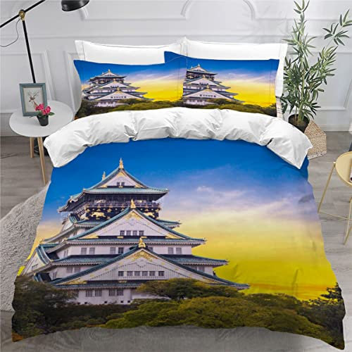ZLKEJI Bettwäsche 135x200cm Kinder Jungen Mädchen Sommer japanische Architektur Bettbezug Set mit 2 Kissenbezüge 80x80cm Kinder Teens 3 Stück Hypoallergen Flauschig Bettwäsche Sommer
