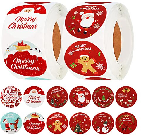 1000 Stück Weihnachtsaufkleber Rund Etiketten Frohe Weihnachten Aufkleber Geschenkaufkleber Selbstklebend für Weihnachten Umschlag Geschenktüten Papiertüten