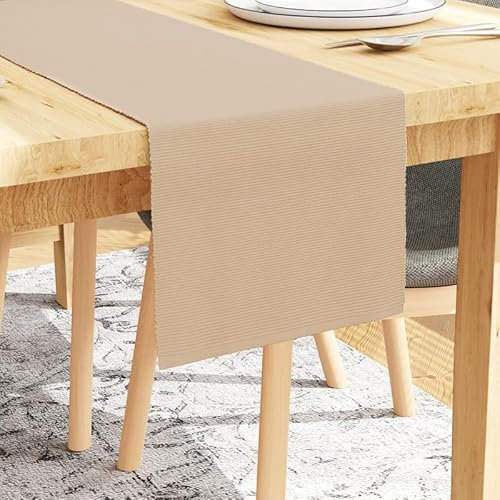 Encasa XO Tischläufer | Garngefärbte Feinripp-Baumwolle | Größe 32x250 cm | Solide Beige | Maschinenwaschbar