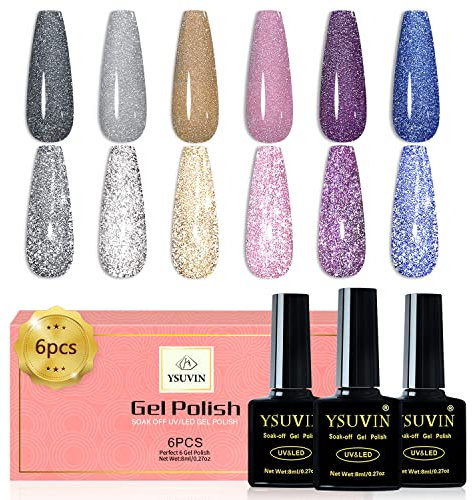 YSUVIN Smalto Semipermanente Riflettente, 6 Colori Argento Grigio Giallo Rosa Viola Navy Scintille Diamante Flash Glitter Gel Smalto UV/LED Reflective Unghie per Femminile DIY Salone, 8ML