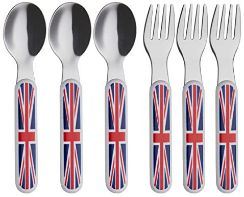 EXZACT Kinderbesteck 6-teilig Edelstahl 18/10 Kinderbesteck Set 3 x Gabeln, 3 x Esslöffel Kunststoffgriff, Kleinkindutensilien BPA-frei – Union Jack (3 Gabeln + 3 Löffel)
