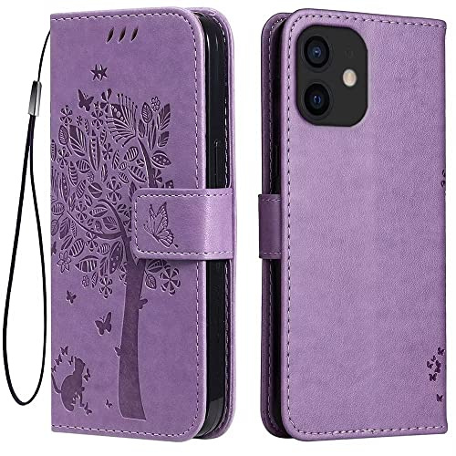 Topme Custodia in Pelle per iPhone 12 mini (5.4 Inches), [ Cover per Telefono in Stile Gatto e Albero] - Viola chiaro