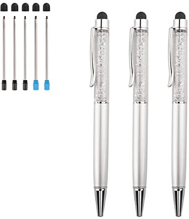 Stylus Kugelschreiber 3 Stück 2 in 1 Bling Kristall Diamantstift Kapazitiver Touchscreen-Stift mit Ersatzminen Schwarz Blau Tinte Gummi Tipps für iPhone iPad Kindle Touchscreen Geräte (Silber)