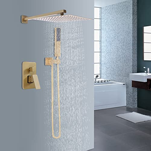SHZICMY Système de douche encastré - 30,5 cm - Doré - Système de douche à effet pluie - Avec pommeau de douche, douchette à main, système de douche thermostatique