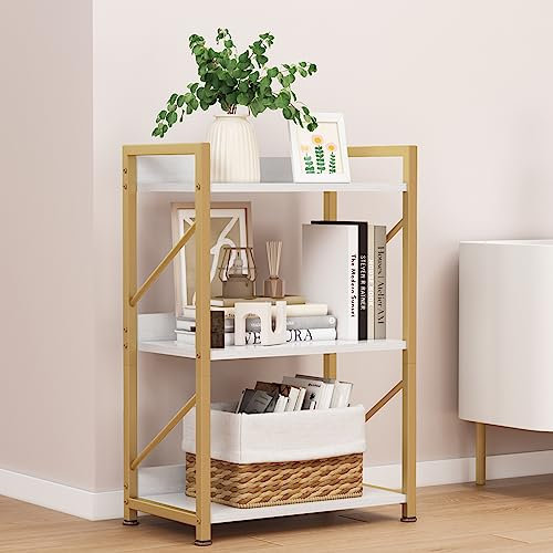FUTRWORE Small Bookshelf for Small Spaces, 3 Tier Bookcase, Narrow Gold Book Shelf,Open Shelf Display Rack for Bedroom, Living Room, Home Office,White&Gold