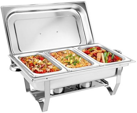 KEESUNG 9L 3 Grid Chafing Dish Speisenwärmer, 9L Edelstahl Warmhaltebehälter Buffetwärmer mit Deckel Profi Speisenwärmerplatte Buffetbehälter Speisen Wärmegerät für Catering Buffet Party