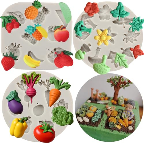 MYPRACS Set di 3 stampi in silicone per verdura, frutta, ravanello, pomodoro, melanzana, cavolo, fragola, ananas, fondente, per decorare torte, caramelle, cioccolato, pasta di gomma, pasta di gomma