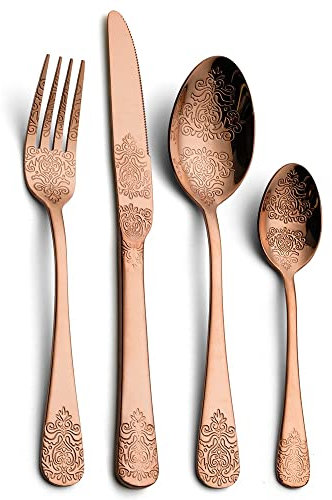 24 Piece Vintage Cutlery Set Stainless Steel Cutlery Silverware Set Antique Titanium Plated Knives,Forks,Spoons Cutlery Set(24pcs Copper)