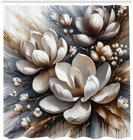 ABAKUHAUS Braun Duschvorhang, Wasserfarben Blumenmotiv mit Malerei Stil Magnolienblüten auf grungigem Hintergrund, Stoffliches Gewebe Badezimmerdekorationsset mit Haken, 175 x 240 cm, Blaugrau Umbra