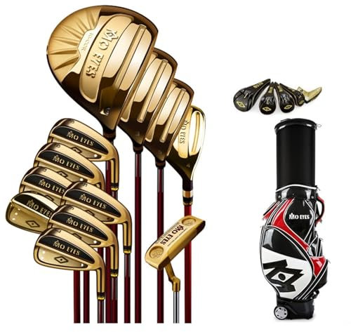 Golf Club Men's Titanium Alloy High Rebound Full Set - 12 Pieces: 3 Woods, 7 Irons, 1 Putter, 1 Ironwood, 1 Bag - Gold, SR Grade Carbon