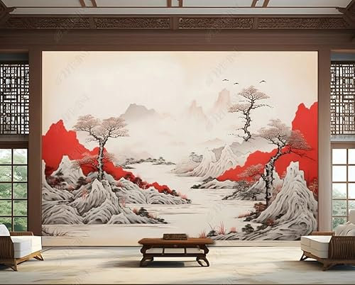 Vlies Fototapete Berge Seen Kiefern Waldtuschemalerei 300X210 Cm - Foto Tapete Schlafzimmer Wohnzimmer Moderne Vliestapete Xxl Wandtapete Motivtapeten Bildtapete 3D Effekt Wand Dekoration