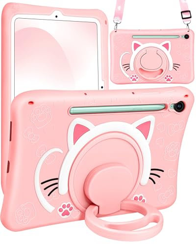 SurgeCraft Funda para Samsung Galaxy Tab S9 FE 5G de 10.9 pulgadas, diseño de gato y niñas, con correa y soporte de asa, fundas de silicona suave para Galaxy Tablet S9 FE SM-X510/X516/X518
