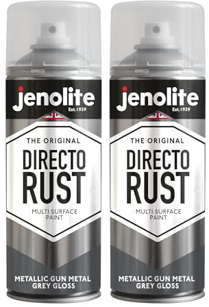 JENOLITE Directorust Metallic Gloss Spray Paint | GUN METAL GREY | 2x400ml | Multi-Surface Grey Spray Paint for Metal, Wood, Plastic | All-In-OnePrimer, Undercoat and Topcoat | Interior & Exterior