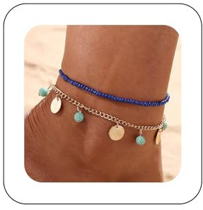 Xduargs Bracelet De Cheville Boho À Paillettes Vintage Turquoise Bracelet De Chaîne À Pampilles Bleu Perle De Riz Chaîne De Pied Réglable Pièces De Monnaie Turquoise Bracelet De Cheville Bijoux Pour