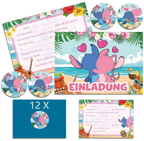 OVOparty 12x Stich Einladungskarten Kindergeburtstag Junge mit Umschlag Deutsch, Stich Geburtstagseinladungen Jungen, Cartoon Einladungskarten Geburtstag Set für Themed Party (A6) (A)