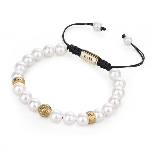 GAVU Herren Perlenarmband mit Muschel Perlen und Kompass Anhänger Glücksarmband für Männer