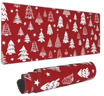 Tapis de souris de Noël rouge et blanc 80 x 30 cm XL Arbre de Noël Vacances Grand tapis de souris de jeu Base en caoutchouc antidérapant Bords cousus pour la maison et le bureau
