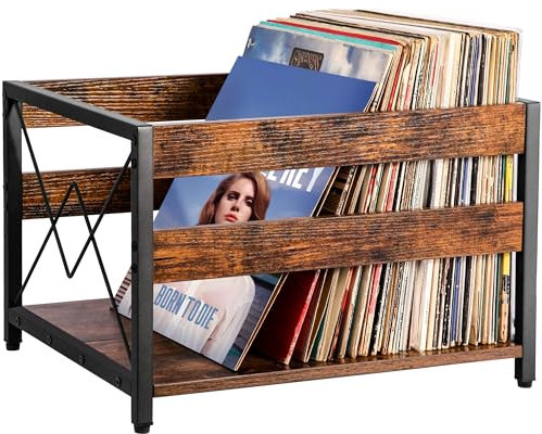 Y&M Vinyl Record Storage Crate, Wooden Storage Box, Classic Cube CD Albums Shelf Holder Organizer, Holds Up to 100+ Records, Magazine Rack for Desktop, Home, Office, Brown