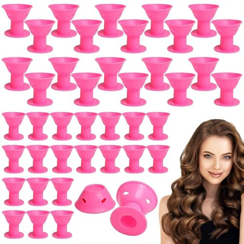 lomdung 40 Pièces Bigoudis Magiques, Ensemble de Bigoudis en Silicone Pas de Chaleur, Grands et Petits Rouleaux pour Cheveux Magic Curls, Bon Effet Convient à Tous les Types de Cheveux(Rose)
