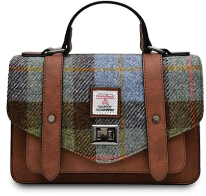 Islander Medium Satchel Umhängetaschen, Kastanienbraun und blaues Schottenkaro