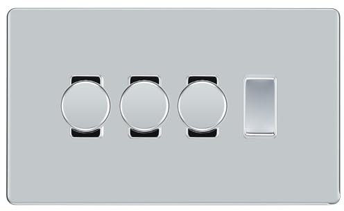 BG Polished Chrome Screwless Flat Plate 4 Gang Light Switch 3x Trailing Edge LED Dimmer 1x 2 Way Custom Switch