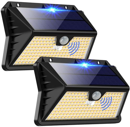 OUILA Solarlampen für Außen, 3 Modi LED Solar mit Bewegungsmelder, 185 LED Solarleuchten Lampe Outdoor IP65 Wasserdichte Wandleuchte für Garten, Hof, Stufen, Deck, Haustüren, Garage(2 Stück Warmweiß