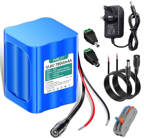 Mspalocell 12.6V 7800mAh lithium-ion battery with charger & connecting line & connector adapter, for solar panel, camcorders, video surveillance, home router, alarm systems, DIY lamp