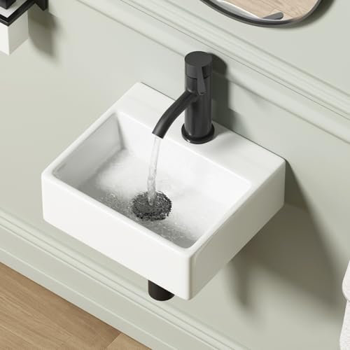 QISHKA - Fregadero de pared para baño, 13 x 11.5 pulgadas, rectangular, flotante, de cerámica, color blanco, para baño pequeño y guardarropa pequeño