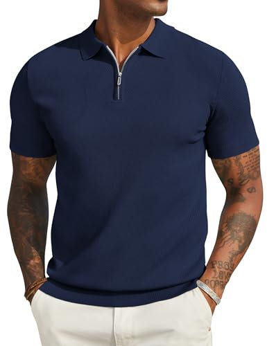 COOFANDY Herren Poloshirt Kurzarm Sommer Strick Polo T-Shirts mit Reißverschluss Männer Polohemd Golf Shirt Navy Blau M