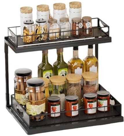 Iouyjiu Under Cabinet Pull Out Shelves, 2-Tier Sliding Shelf Organizer, platzsparender Pull-Out, Sliding Drawer für Küche, Bad, Waschraum, Weiß Schwarz