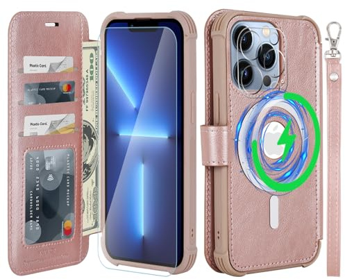 VANAVAGY Wallet Case for iPhone 13 Pro for Magsafe,Rose gold | PU Leather Flip,Slim,12ft Drop Protection,RFID Blocking Card Holder,Magsafe Wireless Charging,Includes Screen Protector