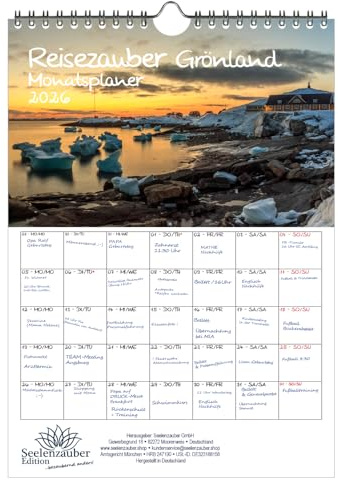 Reisezauber Grönland Planer DIN A4 Kalender für 2026 Nuuk Stadt Reise Land Urlaub - Geschenkset Inhalt: 1x Kalender, 1x Weihnachtsanhänger (insgesamt 2 Teile)