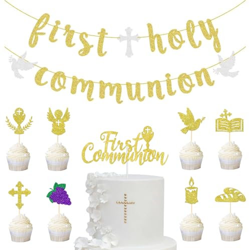 First Holy Communion Set, First Holy Communion Banner +9pcs First Communion Cake Toppers, Cross Dove Cupcake Toppers, Communion Decor for Outdoor Indoor Baptism Party Supplies
