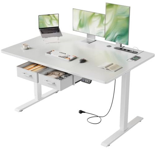 HLONONE Höhenverstellbarer Schreibtisch mit Steckdose, 120x80 cm, Weiß | 2 AC-Anschlüsse & 3 USB-Anschlüssen, 2 Schubladen, Memory Funktion, 72-117cm Höhenverstellbarer, für Homeoffice