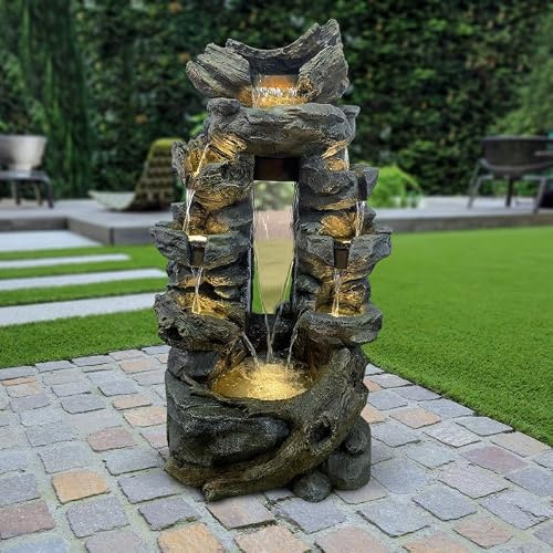 Fontaine de Jardin Art-Pond Niagara | Grande Taille 80x55x142cm en Polyrésine Gris Roche | avec Éclairage LED Blanc Chaud et Pompe 2000L/h | Décoration Extérieure ou Intérieure