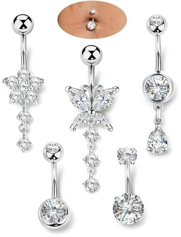 ORAZIO 5 Stück Bauchnabelpiercing Gold Chirurgenstahl Silber Damen | Bauchnabelpiercing Set Hypoallergen Schmetterling Flowers Zirkon 10MM Wasserdicht 14G Gold Piercing Bauchnabel Damen