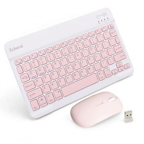 Echocui Keyboard with Dual-Mode Mouse Bluetooth Rechargeable for Tablets/Smart Phone/PC Wireless Keyboard and Mouse Set UK Layout Slim Portable Mini Suporting iPad iOS/Android//Windows Systems,Pink