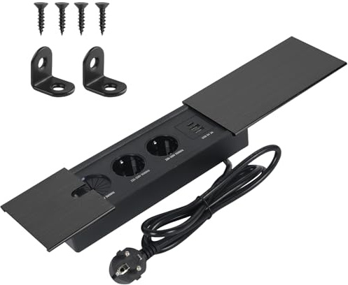 Einbau Steckdosenleiste mit Metall Schiebedeckel, Versenkbare Steckdose 2 Fach mit Kabeldurchlass 2 USB A und USB C, Tischsteckdose Versenkbare Steckdosenleiste für Schreibtisch Küche Büro