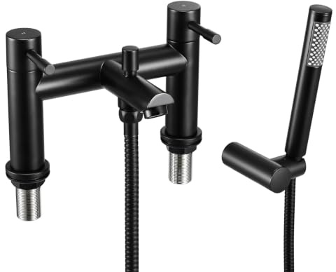 WasserRhythm Bath Mixer Taps with Shower Black Bathroom Tub Filler Tap Mono | Lead-free Stainless Steel Monobloc Two Holes 2 in 1 Bathtub Faucet with Handheld Shower Attachment Dual Lever Deck Mounted