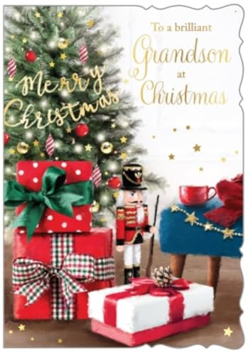 Grandson Christmas Card - Santa in Snow Robin on Gate with Foil 7.5x5.25